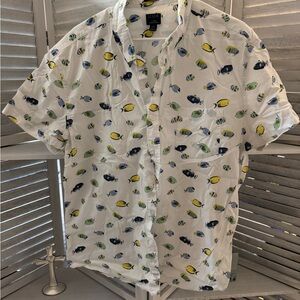J. Crew Factory Men's Fish Print Casual Shirt - White, Yellow, Blue, Green